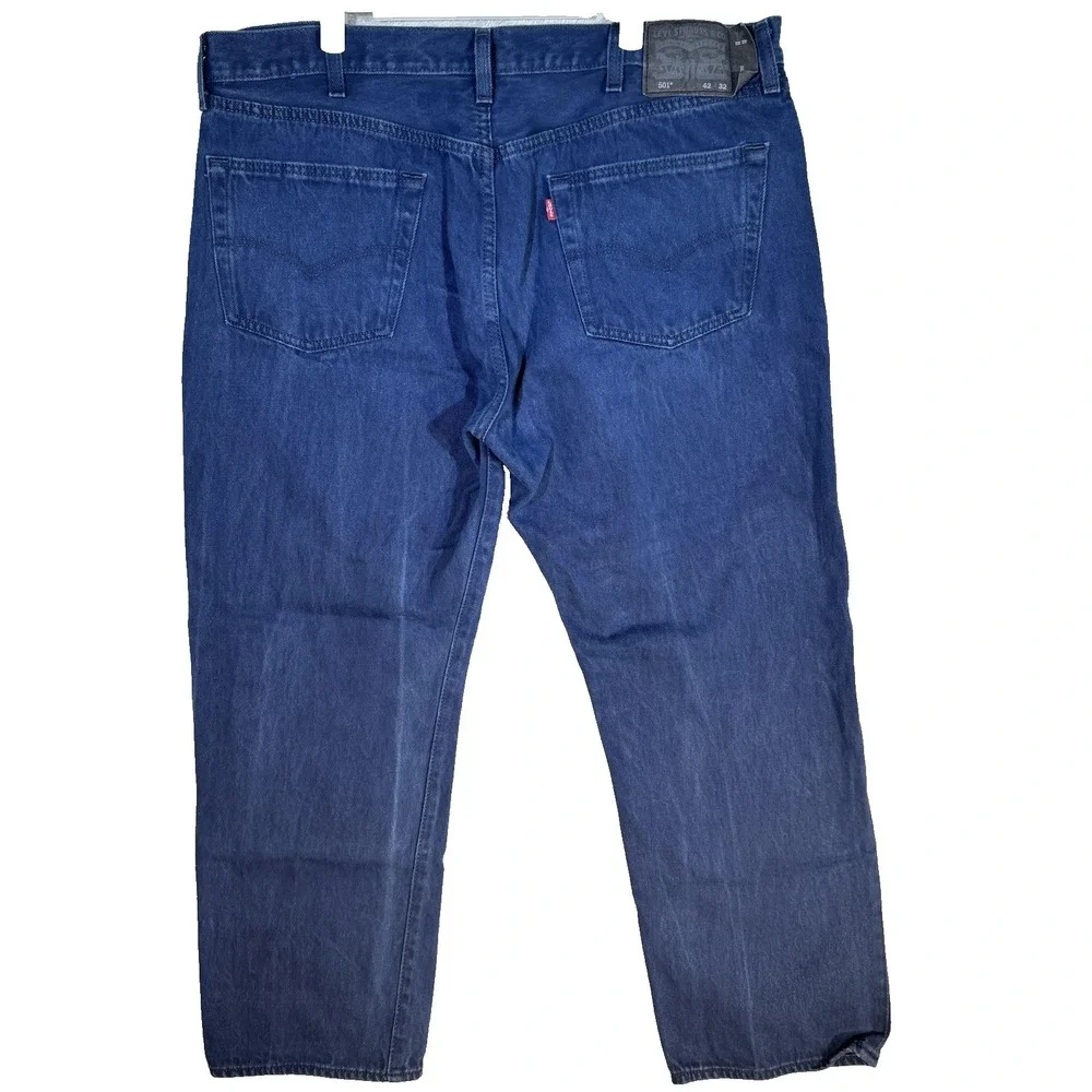 Levis 501 Jeans Mens 42x32 Blue Button Fly Straight Leg Denim Classic Dark Wash